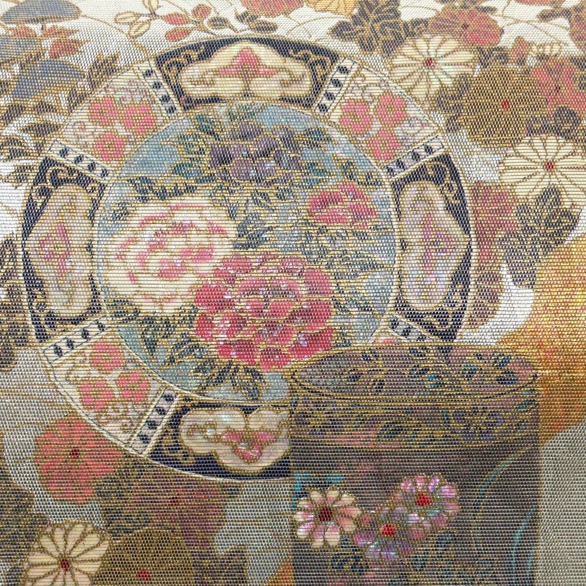 袋帯 秀品 絵皿 菊 螺鈿箔 金彩 銀色 お太鼓柄 正絹｜中古・古着