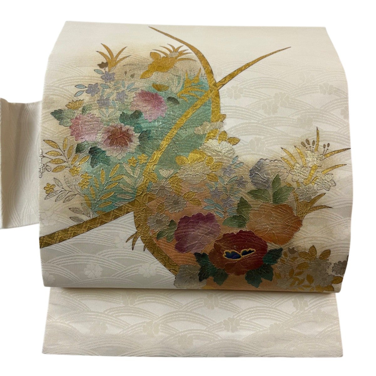 名古屋帯 秀品 夏帯 絽 葉柄 道長取 銀糸 ベージュ 正絹|中古 名古屋帯 秀品 夏帯 絽 葉柄 道長取 銀糸 ベージュ 正絹|中古