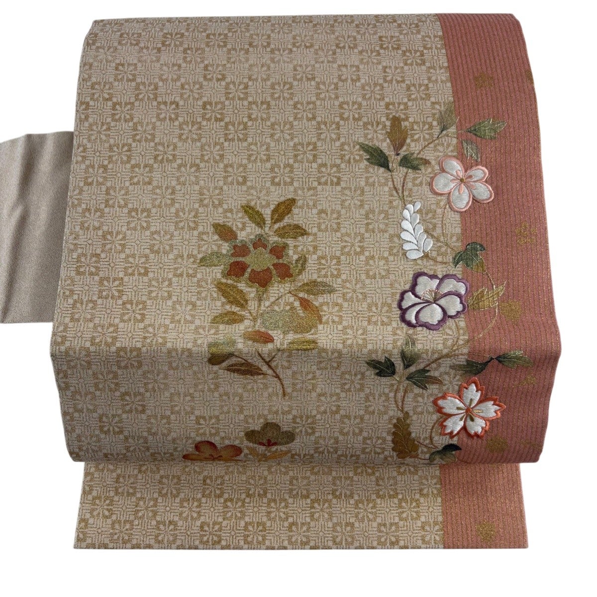 名古屋帯 秀品 紬地 幾何学模様 刺繍 ベージュ 正絹｜中古・古着