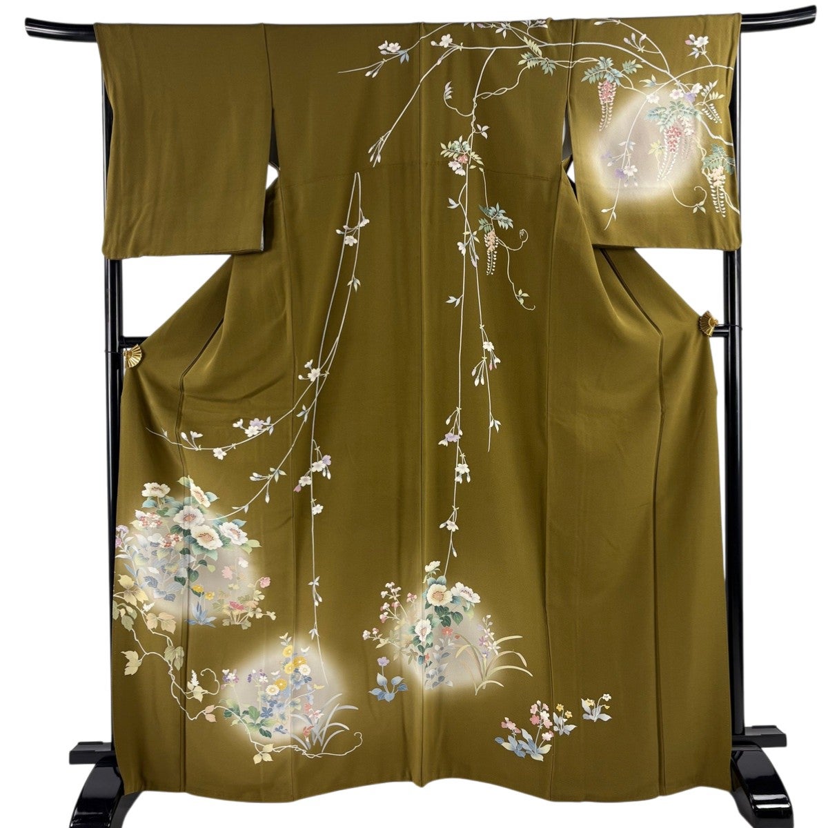 訪問着 袷 草花 落款 M 正絹 金彩 名品 L 裄丈64cm 菊 染め分け 青緑