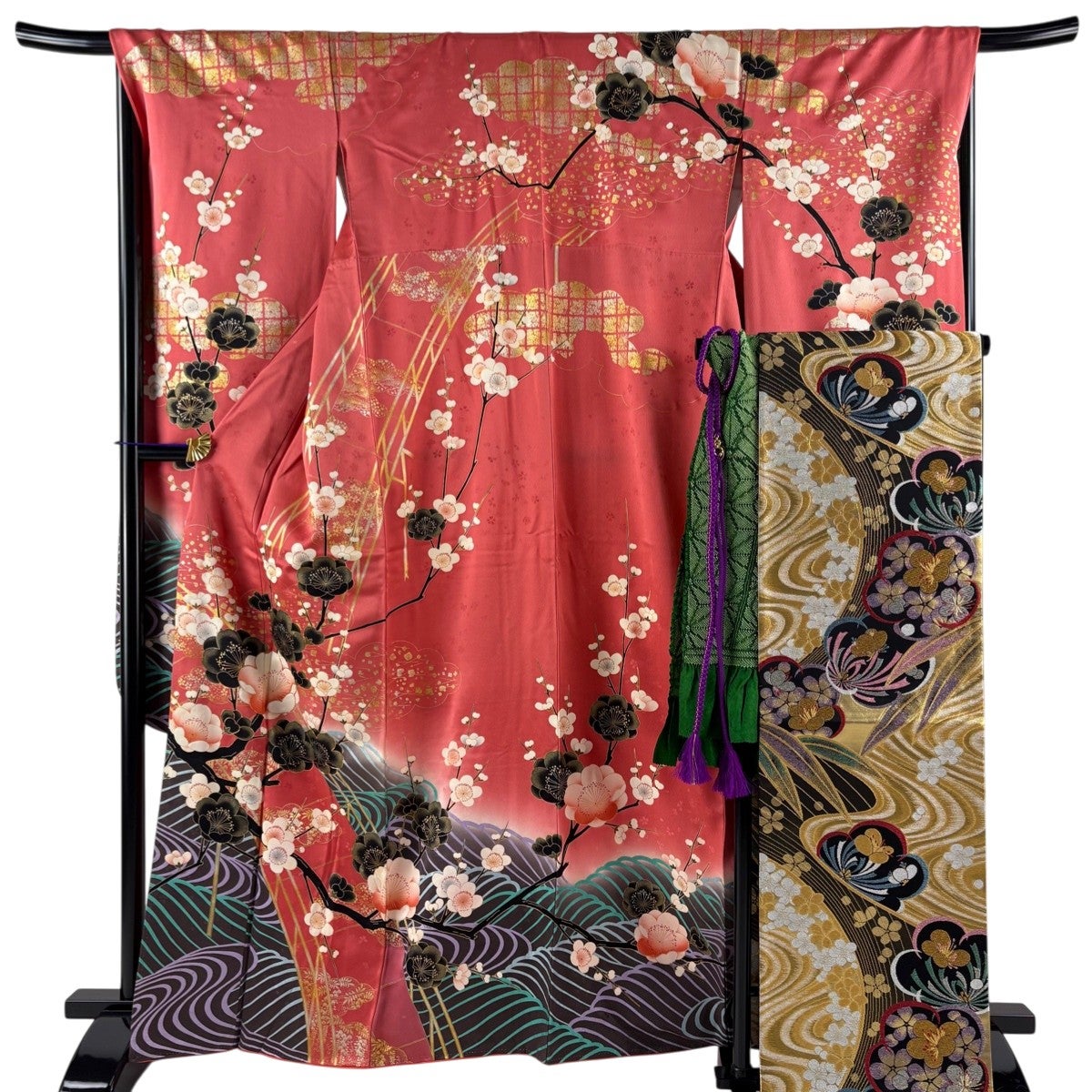 振袖 身丈163.5cm 裄丈68cm L 袷 袋帯フルセット 枝梅 波 金糸