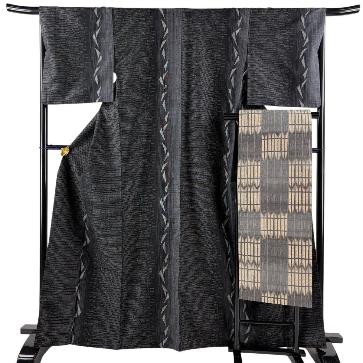美品】 紬 身丈154.5cm 裄丈65cm M 袷 名古屋帯セット 落款あり 縦縞