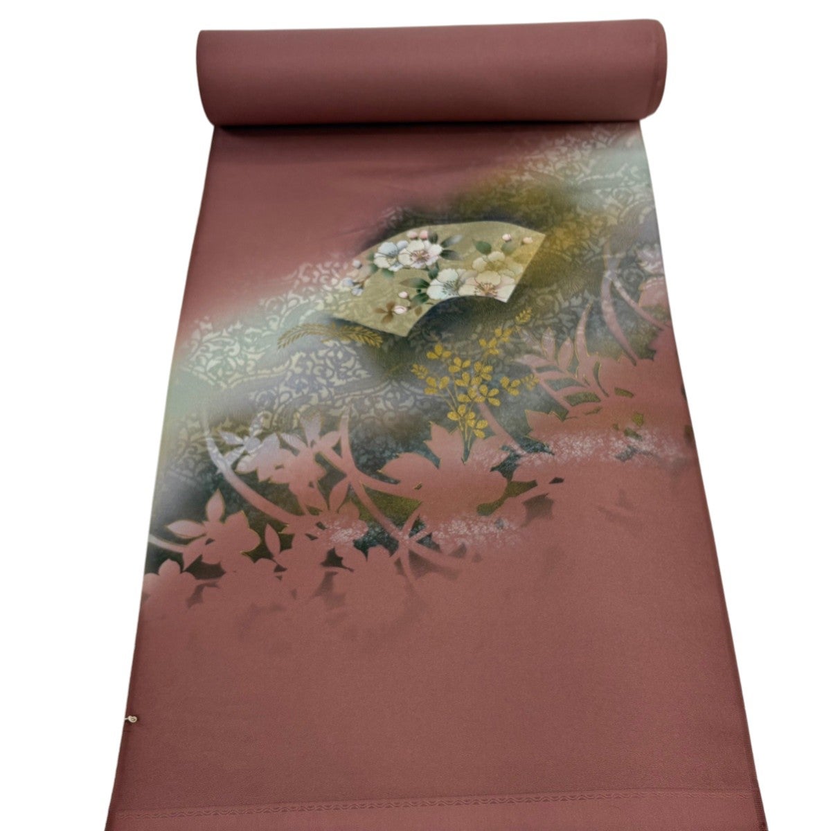 反物 秀品 付下げ 反物 草花 金彩 ぼかし 薄小豆 正絹｜中古・古着