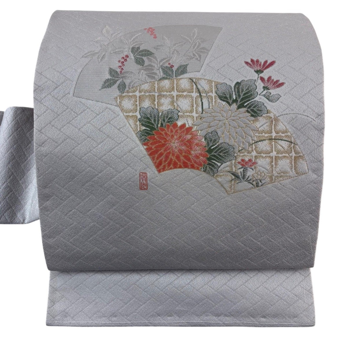 名古屋帯 秀品 扇面 菊 金彩 縮緬 灰紫 正絹｜中古・古着・リサイクル