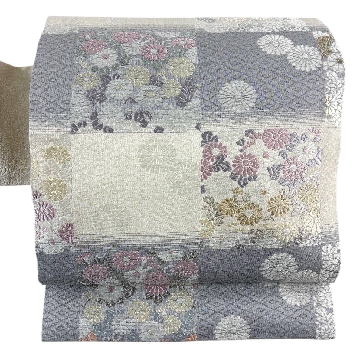 美品】 名古屋帯 名品 菊唐草 金銀糸 能衣唐織 灰色 正絹|中古・古着 美品】 名古屋帯 名品 菊唐草 金銀糸 能衣唐織 灰色 正絹|中古・古着