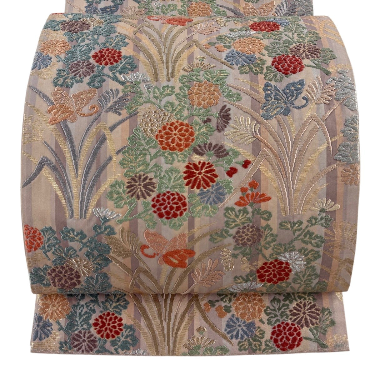 美品】 袋帯 秀品 道長唐草華文 金銀糸 箔 灰緑 六通 正絹｜中古・古着