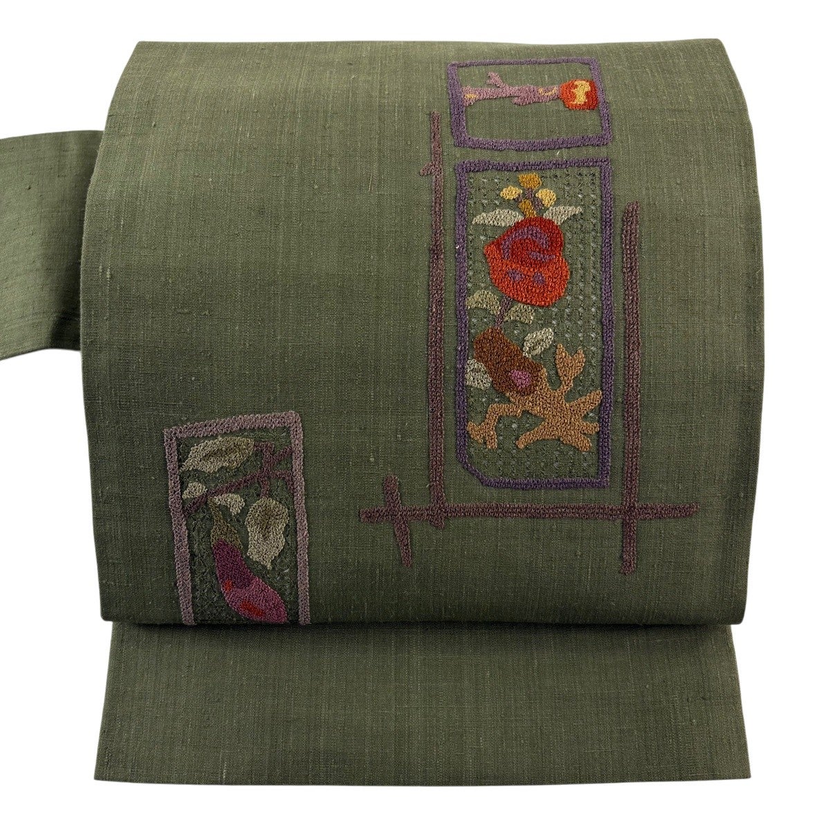 美品】 名古屋帯 秀品 紬地 草花 なす 刺繍 銀糸 茶緑色 正絹｜中古