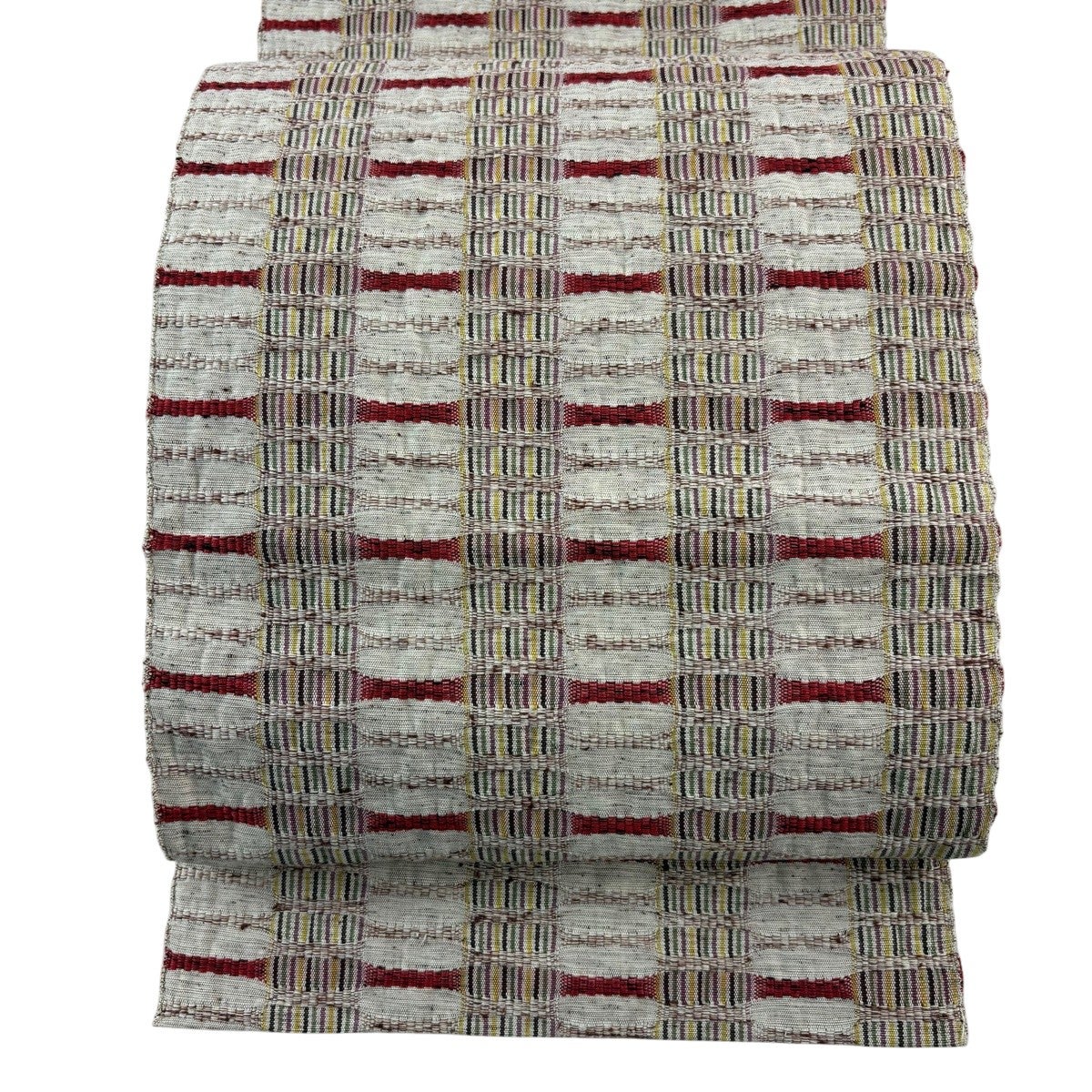 美品】 名古屋帯 秀品 松葉仕立て 八寸名古屋帯 縞 格子 薄茶色 全通