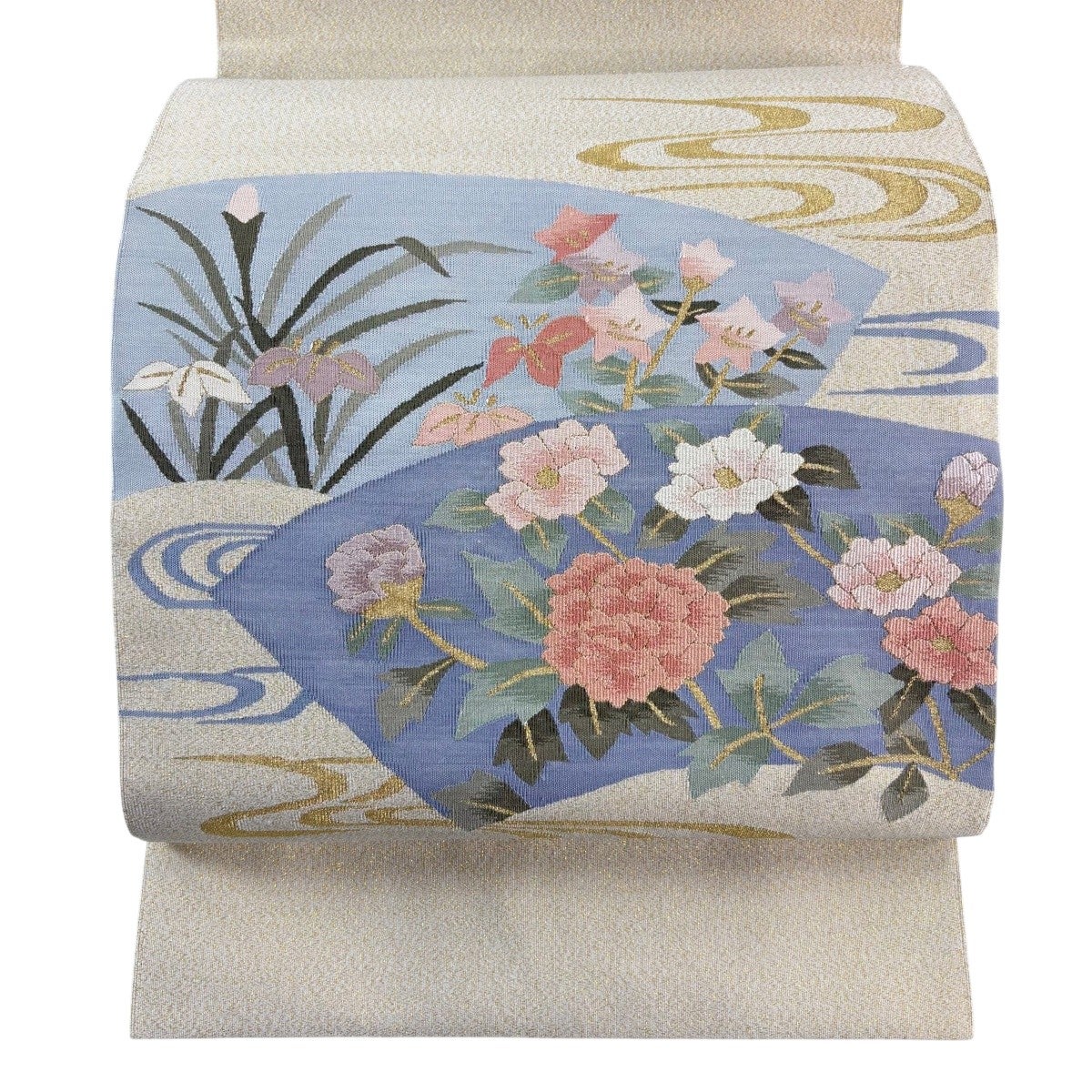 ♦️逸品　扇面に草花　正絹絽綴れ名古屋帯の作り帯 美品】 名古屋帯 秀品 松葉仕立て 八寸名古屋帯 扇面 草花 箔 ベージュ