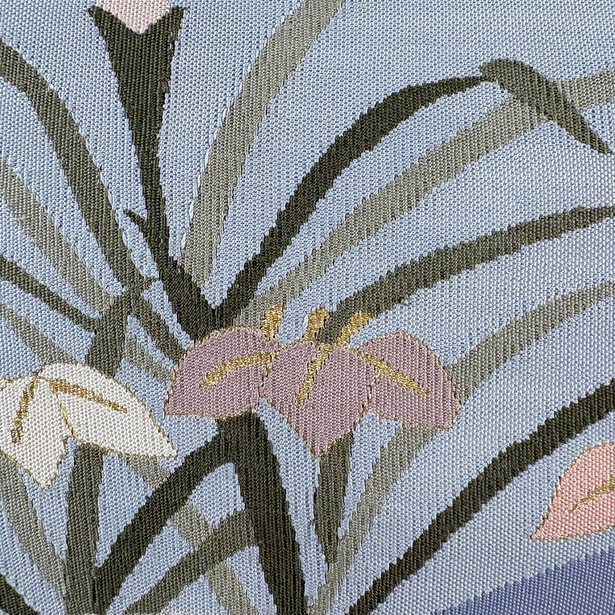 美品】 名古屋帯 秀品 松葉仕立て 八寸名古屋帯 扇面 草花 箔 ベージュ