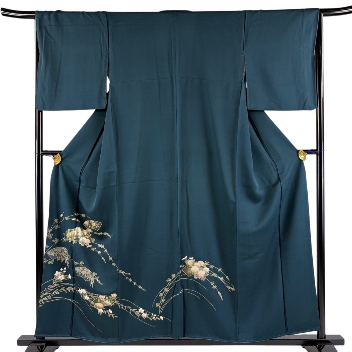 付下げ 身丈157cm 裄丈65cm M 袷 扇面 菊 金銀彩 深緑 正絹 秀品｜中古