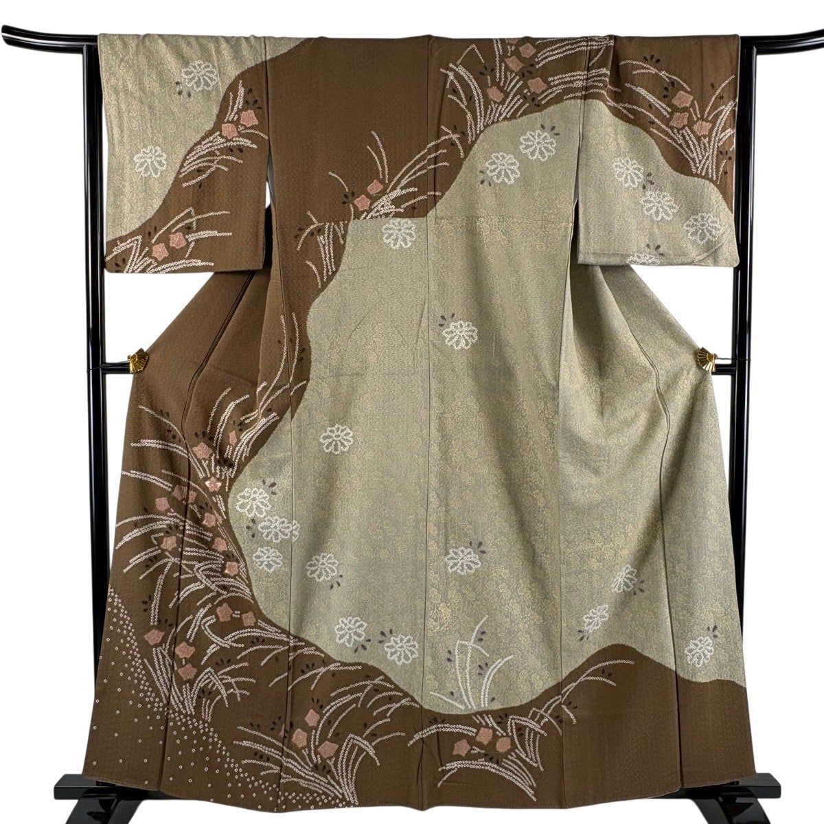 美品】 訪問着 身丈160cm 裄丈64.5cm M 袷 草花 地紋 金彩 絞り 茶色