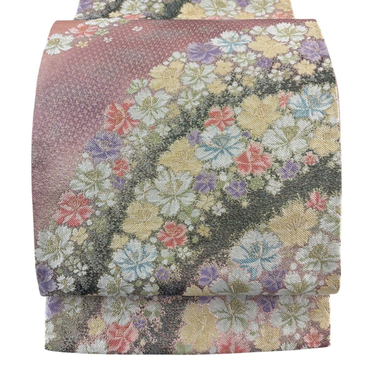 袋帯 名品 枝垂れ桜 幾何学模様 箔 金糸 銀色 六通 正絹｜中古・古着