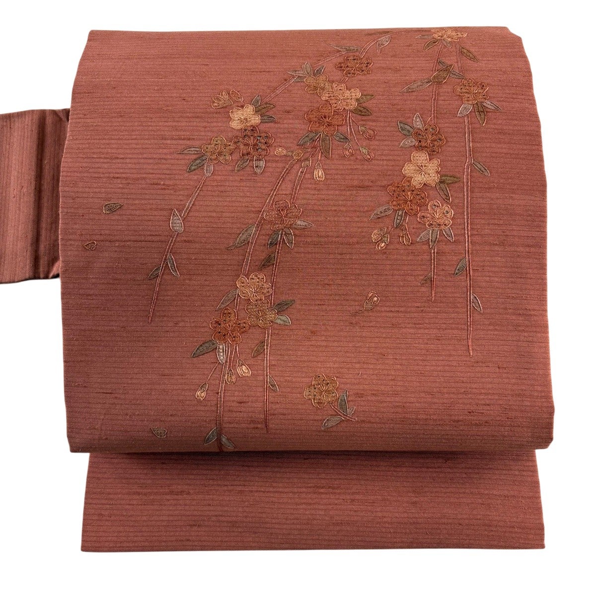 美品】 名古屋帯 秀品 紬地 格子 幾何学 絞り 茜色 正絹｜中古・古着