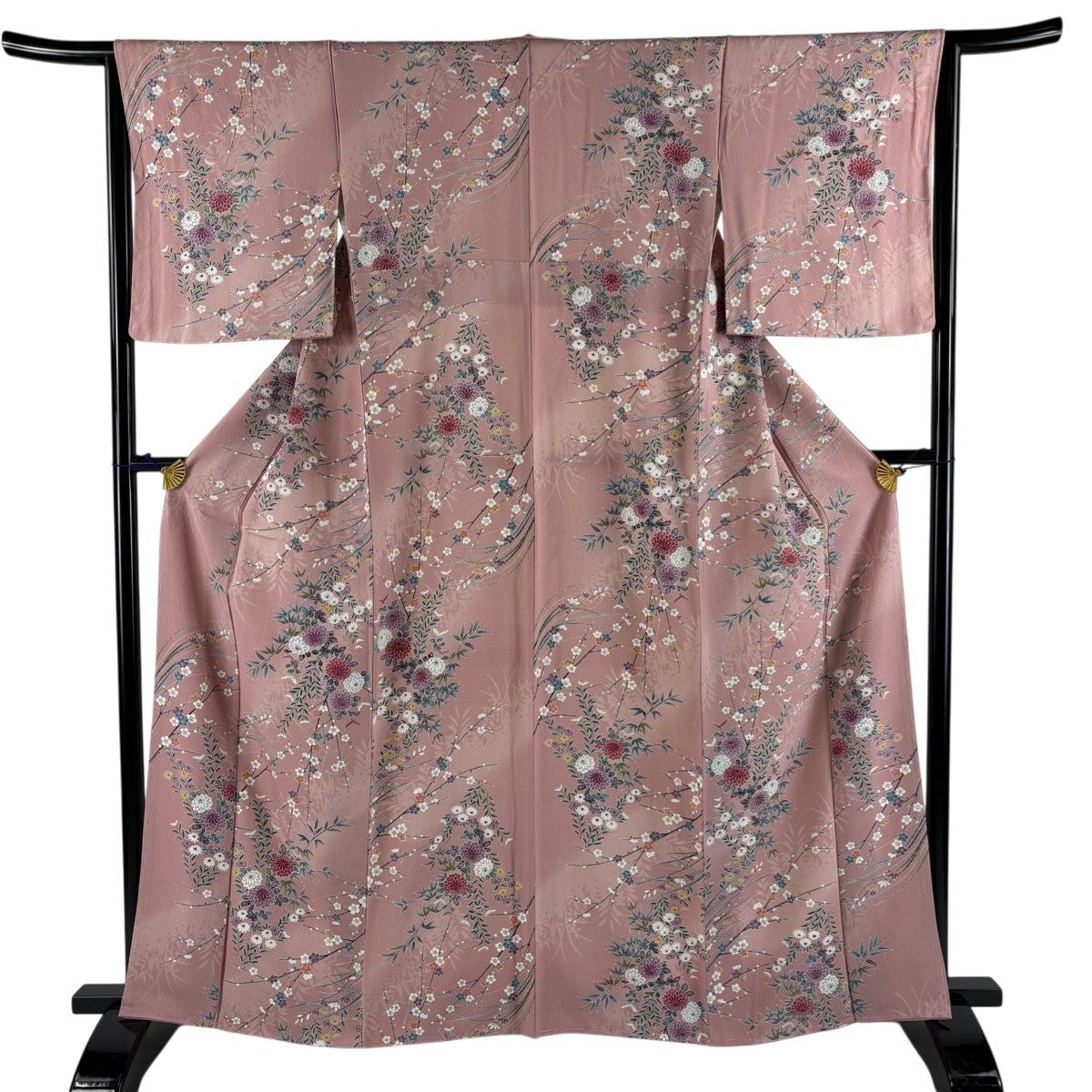 美品】 小紋 身丈162cm 裄丈65cm M 袷 洗える着物 梅 青灰色 化繊 優品
