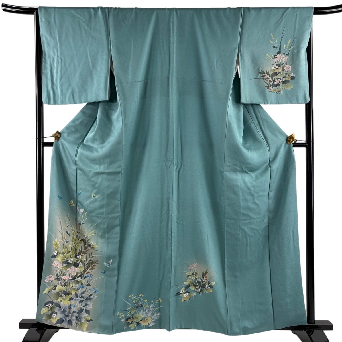 ★専用★未使用品 お召し ぼかし染 淡い青緑 身丈158cm お洒落 付下げ 身丈161cm 裄丈65cm M 袷 鏡裏文 萩 刺繍 ぼかし 薄