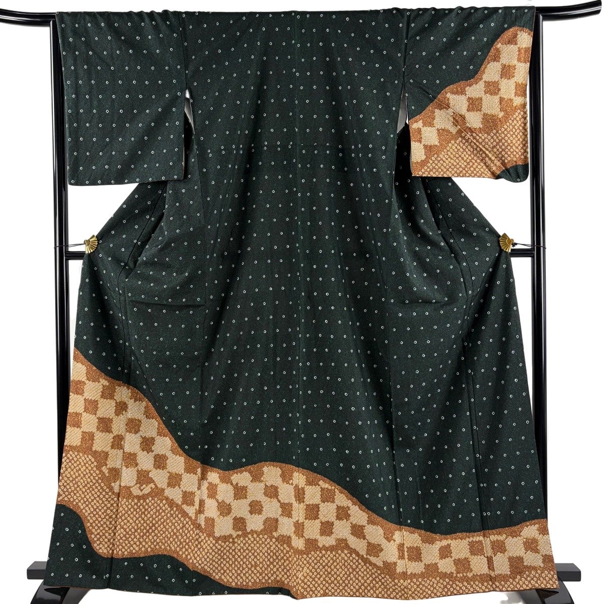 美品】 袋帯 秀品 桜 変わり市松 銀糸 箔 黒 六通 正絹｜中古・古着
