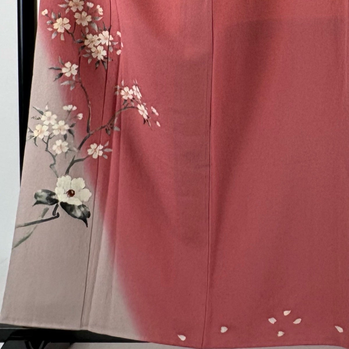 【お着物】身丈158cm 紗袷　付け下げ　くすみ赤色　紅葉　 正絹　夏着物 付下げ 身丈158cm 裄丈64.5cm M 袷 落款あり 桜 椿 染め分け ぼかし