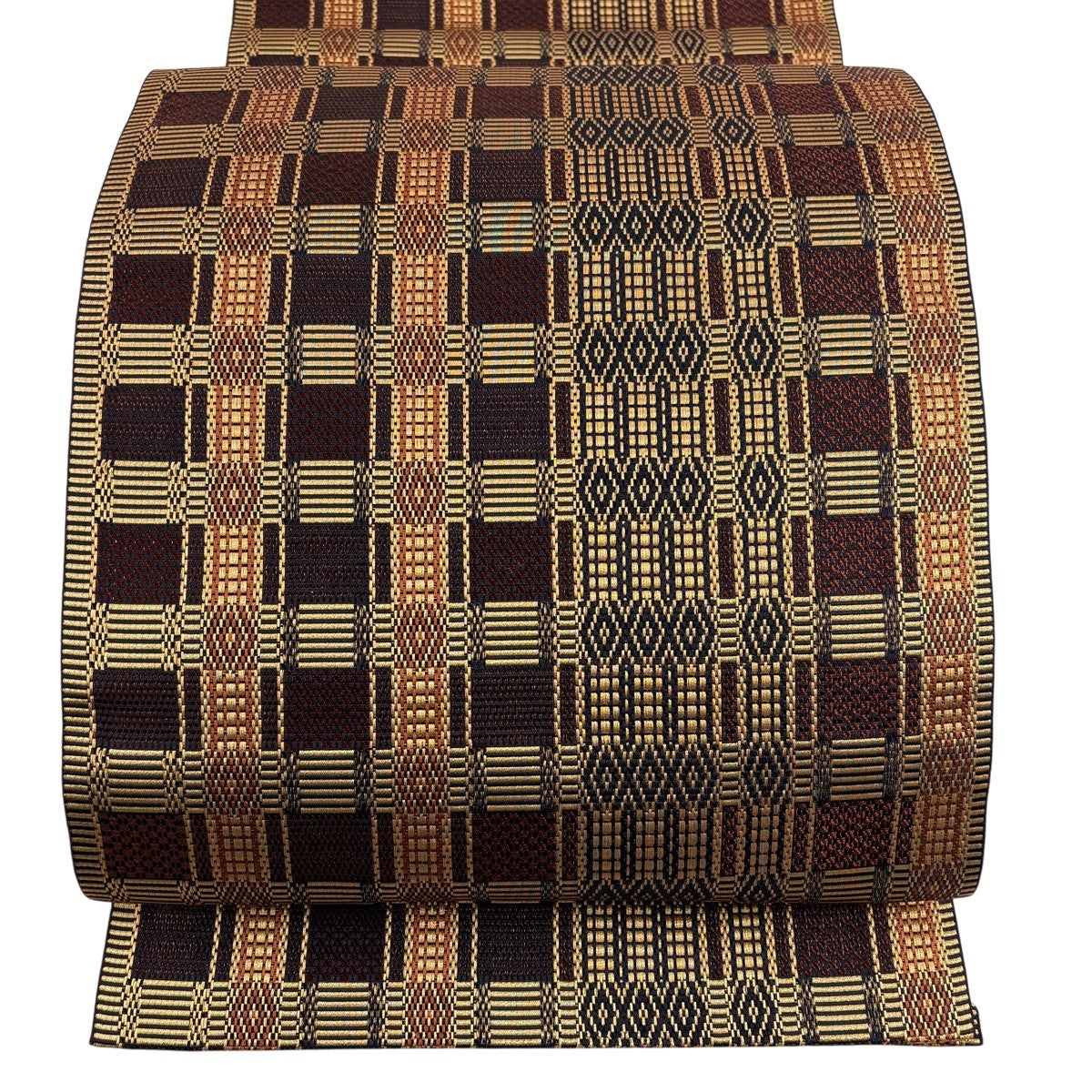 美品】 名古屋帯 優品 八寸名古屋帯 松葉仕立て 縞 幾何学模様 赤茶