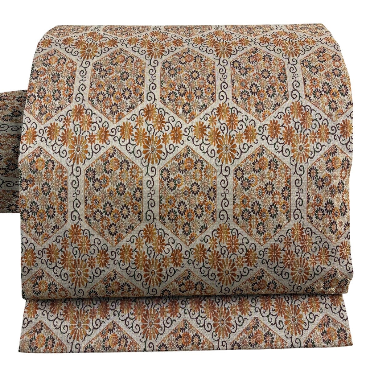 美品】 名古屋帯 優品 亀甲 草花 金糸 ベージュ 正絹｜中古・古着