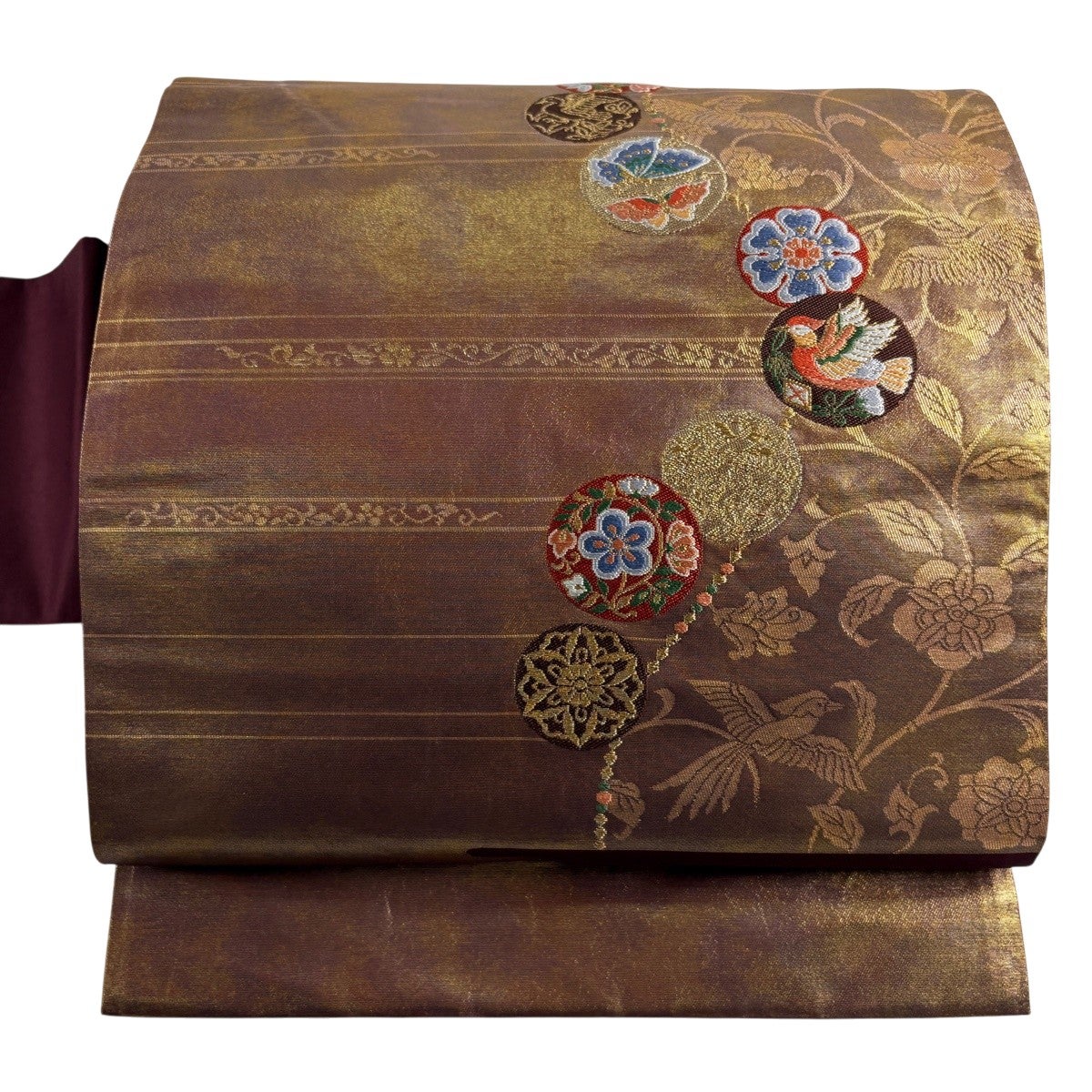 名古屋帯 優品 草花 鳥 金糸 箔 えんじ色 正絹｜中古・古着