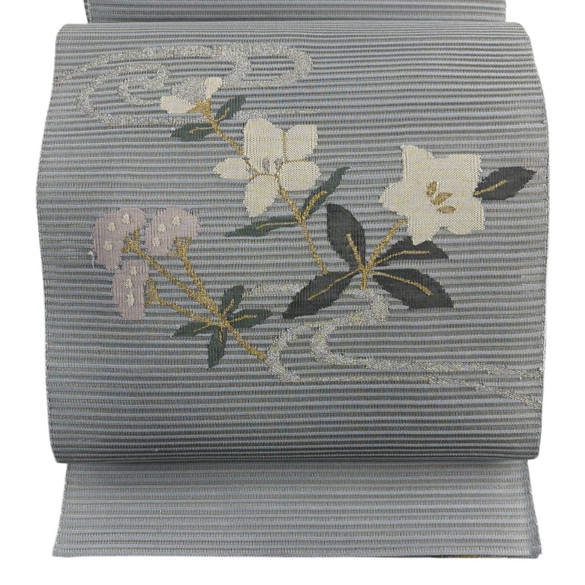 名古屋帯 秀品 夏帯 絽 八寸名古屋帯 流水 草花 金銀糸 ベージュ 正絹 