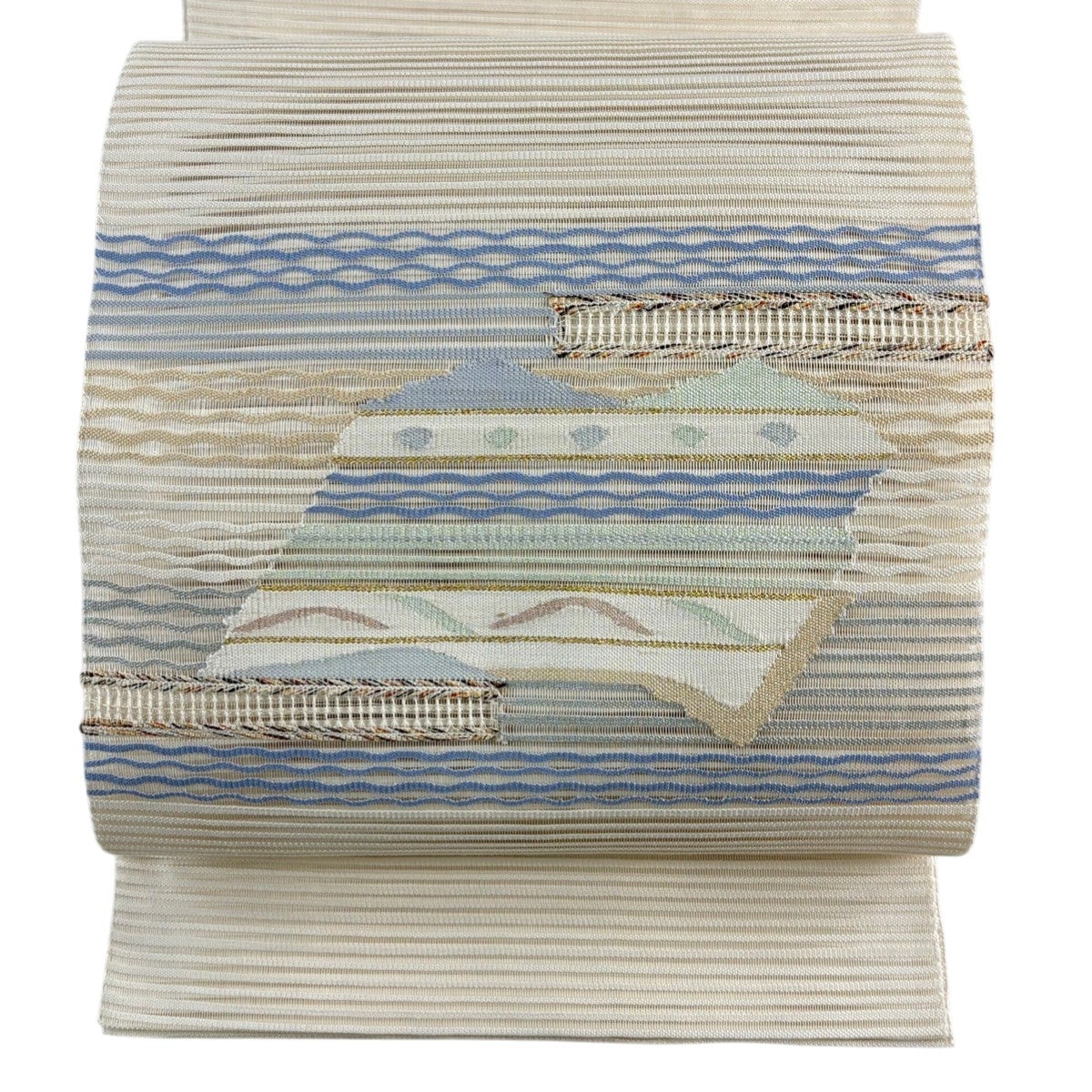美品】 名古屋帯 秀品 夏帯 絽 八寸名古屋帯 幾何学 金銀糸 美品】 名古屋帯 秀品 夏帯 絽 八寸名古屋帯 幾何学 金銀糸