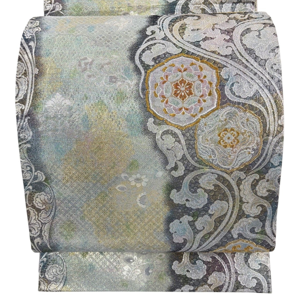 ZY-971 袋帯 花唐草 箔 金糸 波 正絹 六通 お洒落 名品 美品 袋帯 秀品 波 花唐草 金銀糸 箔 黒 六通 正絹｜