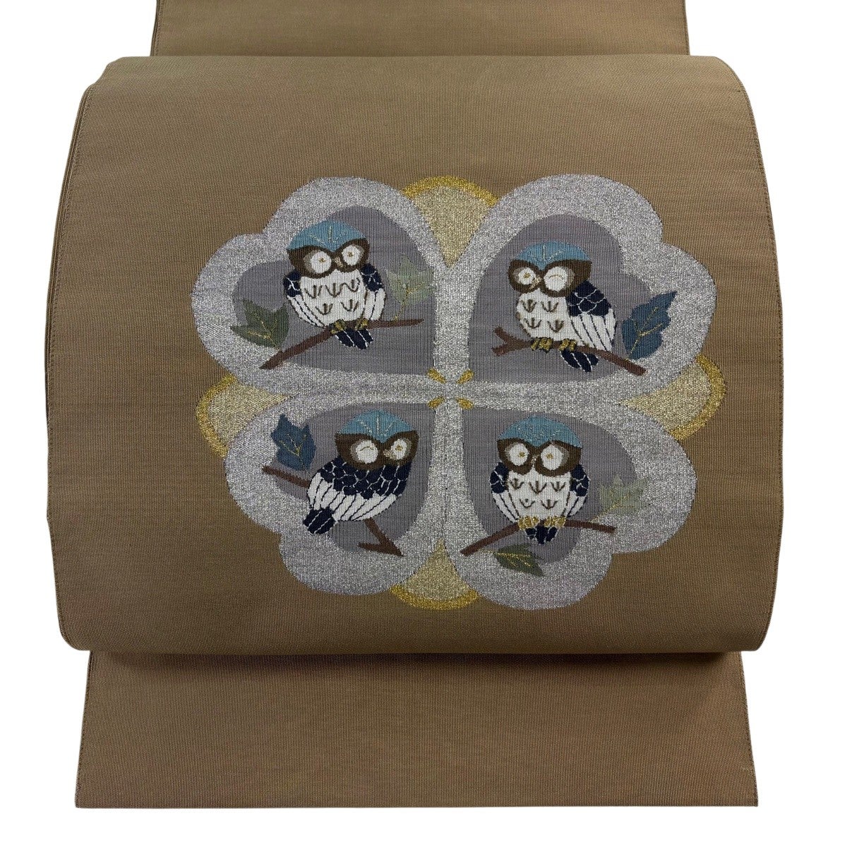 美品】 名古屋帯 名品 八寸名古屋帯 松葉仕立て フクロウ 枝葉 金銀糸