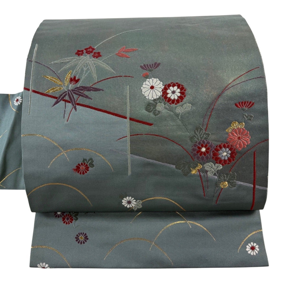 美品】 名古屋帯 優品 松葉仕立て 八寸名古屋帯 紬地 花唐草 金糸