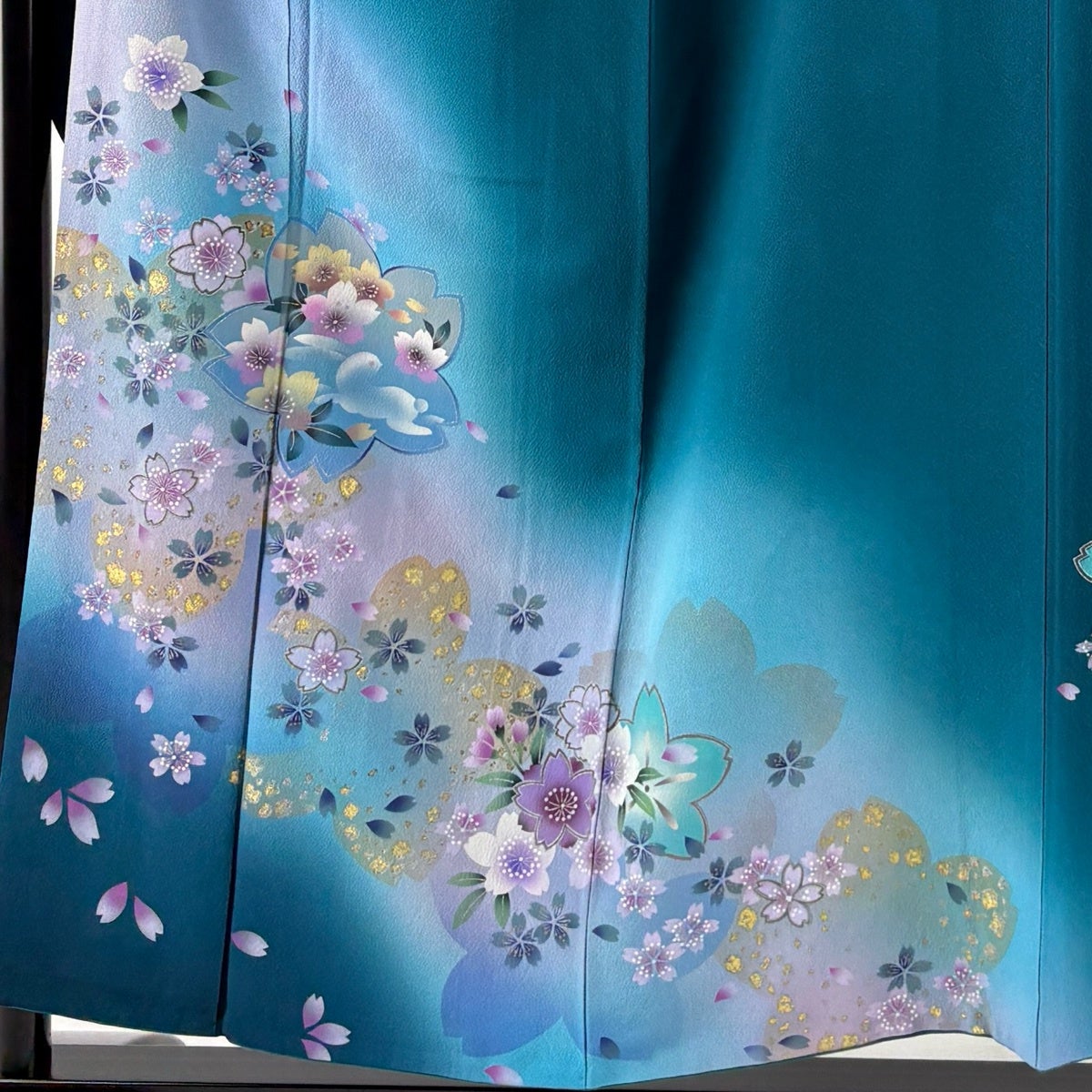 美品 振袖 身丈163cm 晴れ着ガード加工 暈し 花柄 和装 着物 #AB24 振袖 身丈154cm 裄丈65.5cm M 袷 桜 桜の花びら 金彩 ぼかし 青緑 正絹