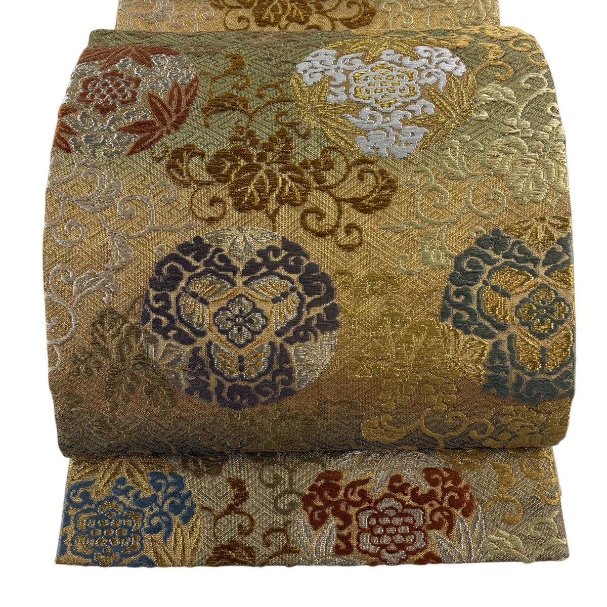 袋帯 逸品 落款あり 牛首紬 鈴乃屋 松竹梅 七宝 金銀彩 山吹茶色 全通
