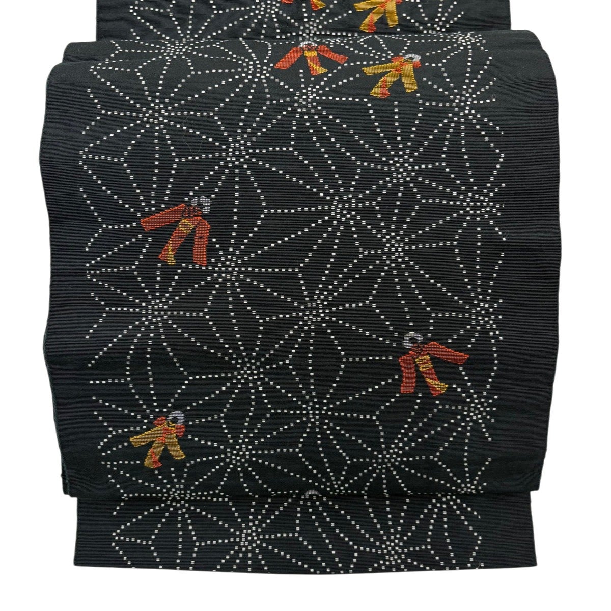 美品】 名古屋帯 優品 八寸名古屋帯 トンネル仕立て 紬地 草花 幾何学