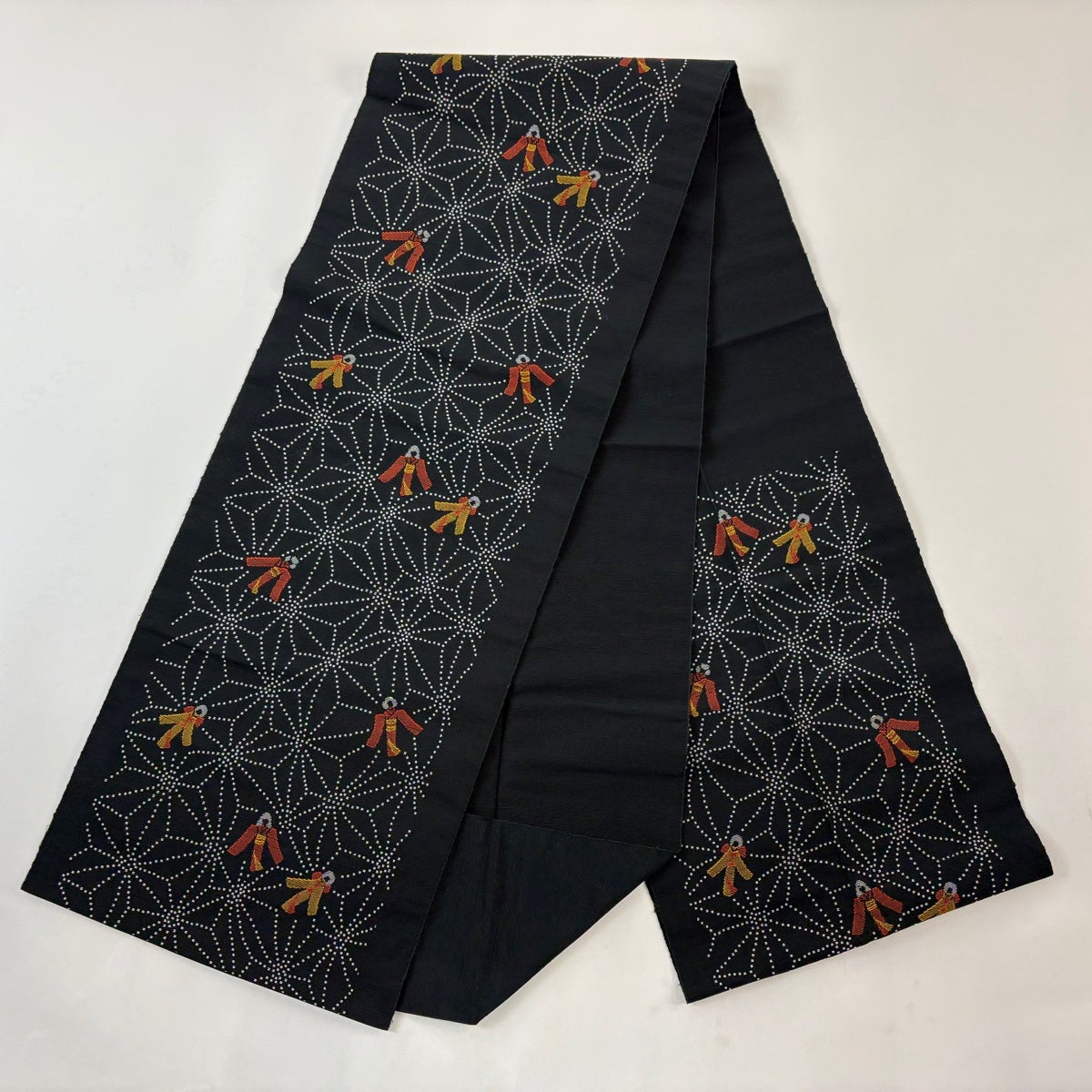 美品】 名古屋帯 秀品 八寸名古屋帯 松葉仕立て 麻の葉 人形 紬 美品】 名古屋帯 秀品 八寸名古屋帯 松葉仕立て 麻の葉 人形 紬
