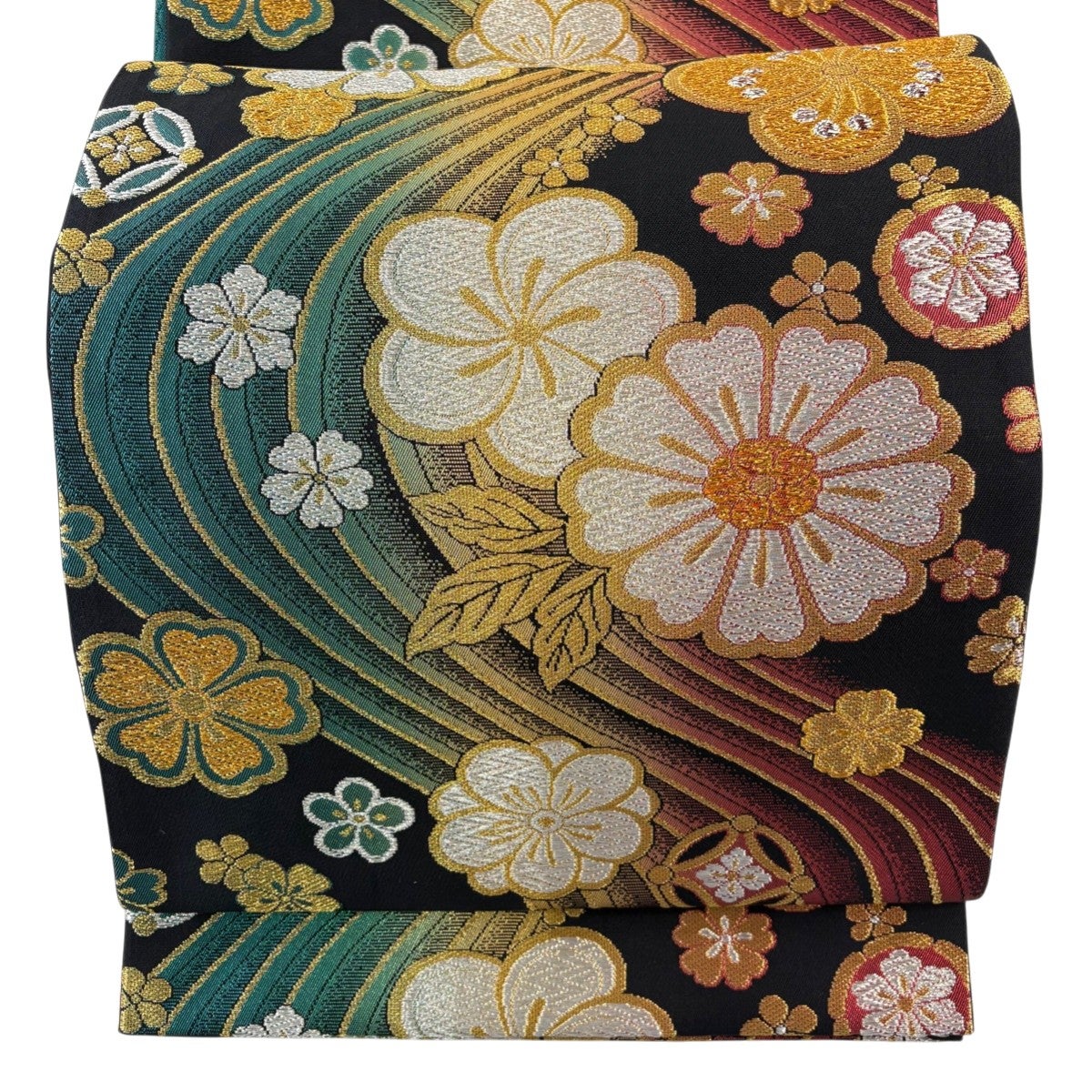 美品】 袋帯 秀品 振袖向き 華文 波 金銀糸 箔 紫 六通 正絹｜中古