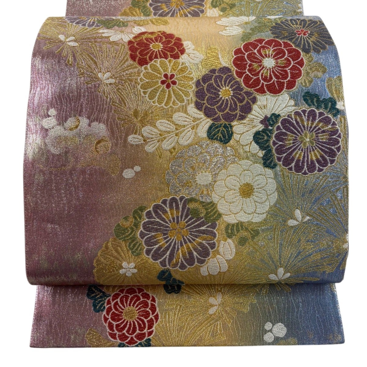 美品】 袋帯 秀品 草花 有職文様 金銀糸 箔 灰紫 六通 正絹｜中古