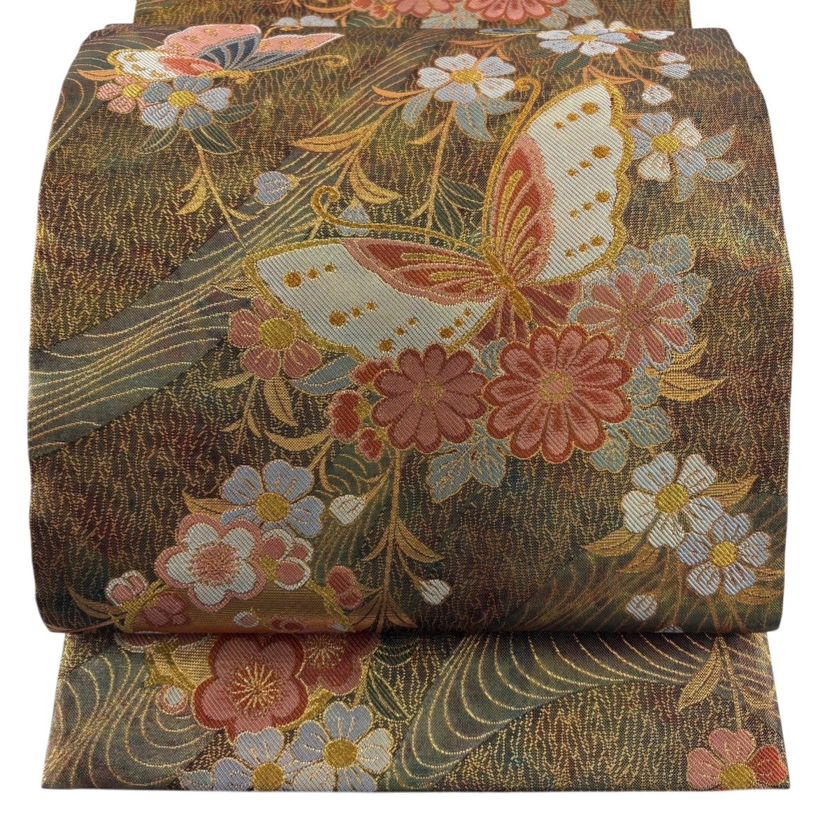 美品 袋帯 秀品 冊子 草花 金糸 箔 よもぎ色 六通 正絹｜中古・古着