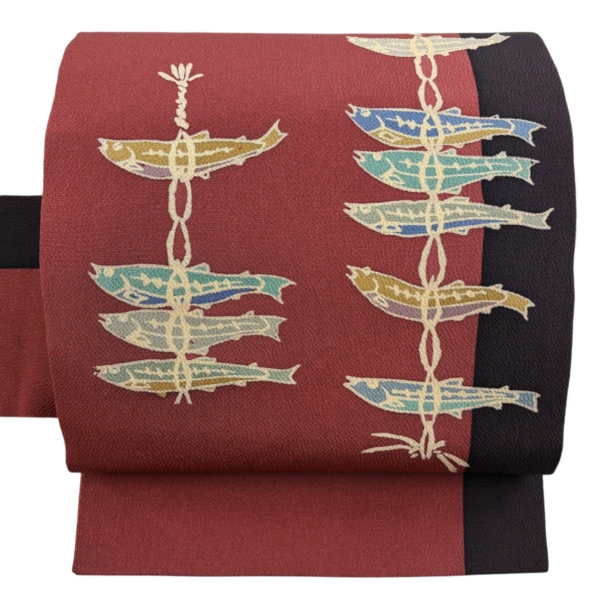 50%OFF 名古屋帯 秀品 落款あり 魚 縮緬 赤紫 正絹 K50｜中古・古着
