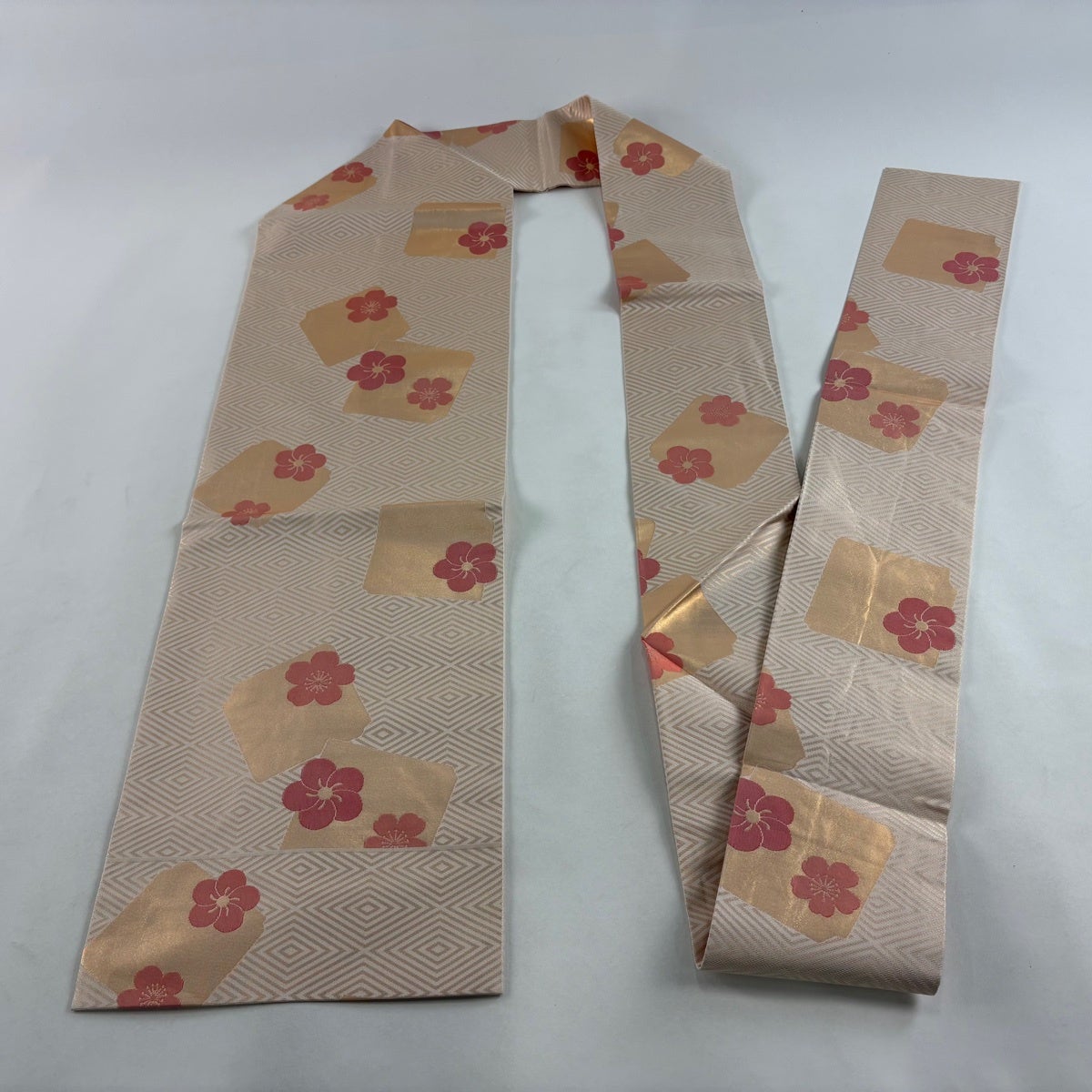 50%OFF 名古屋帯 秀品 桝屋高尾 落款あり 破れ色紙 梅 箔 薄オレンジ
