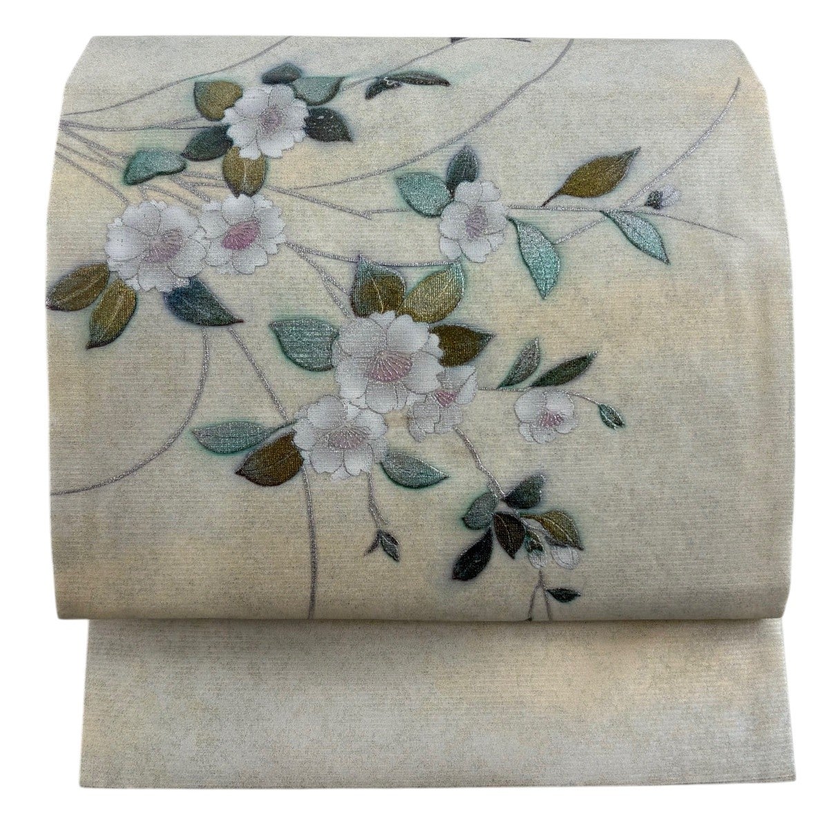 美品】 名古屋帯 優品 夏帯 絽 芝 花 箔 銀糸 クリーム 正絹｜中古