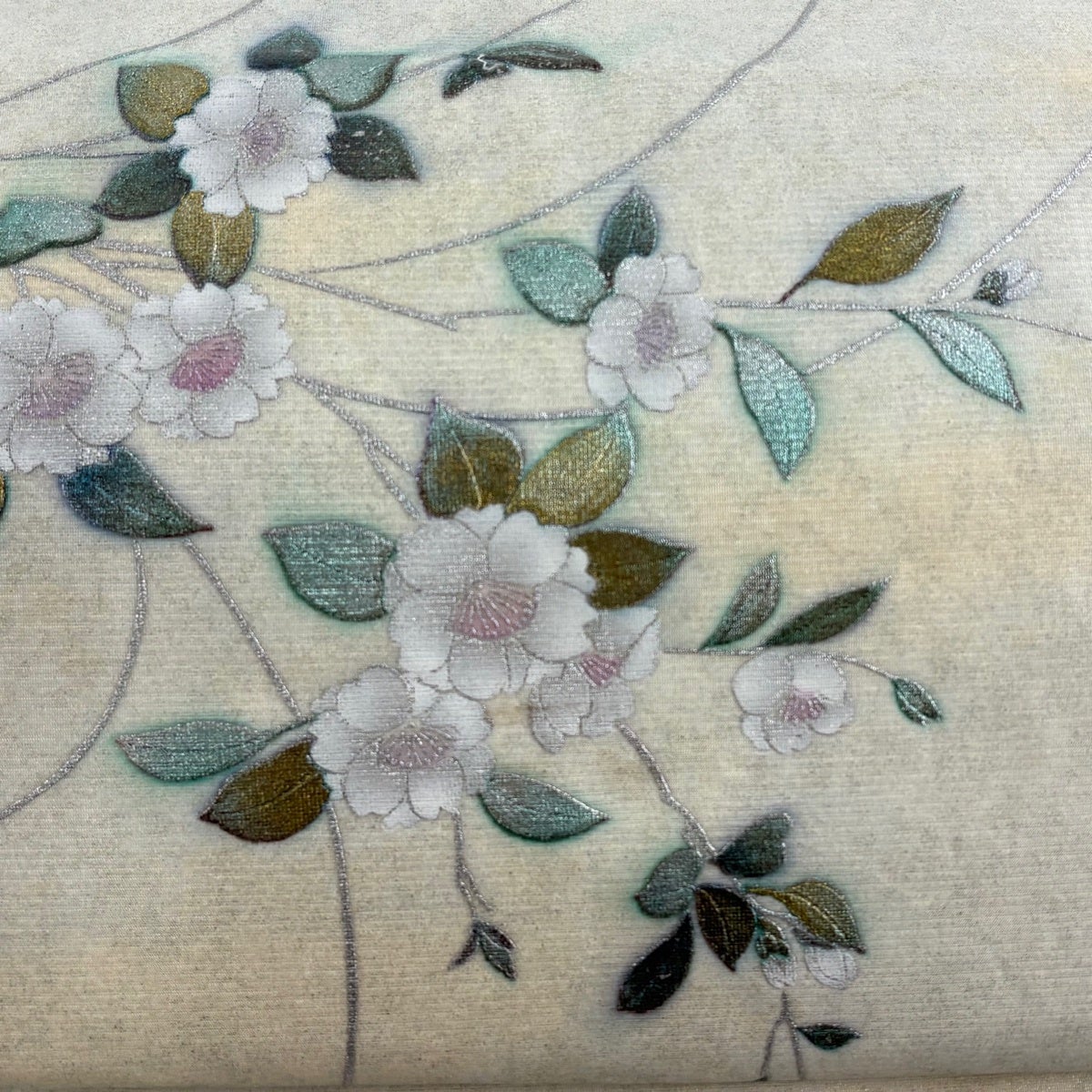 名古屋帯 秀品 夏帯 絽 草花 銀彩 クリーム 正絹｜中古・古着