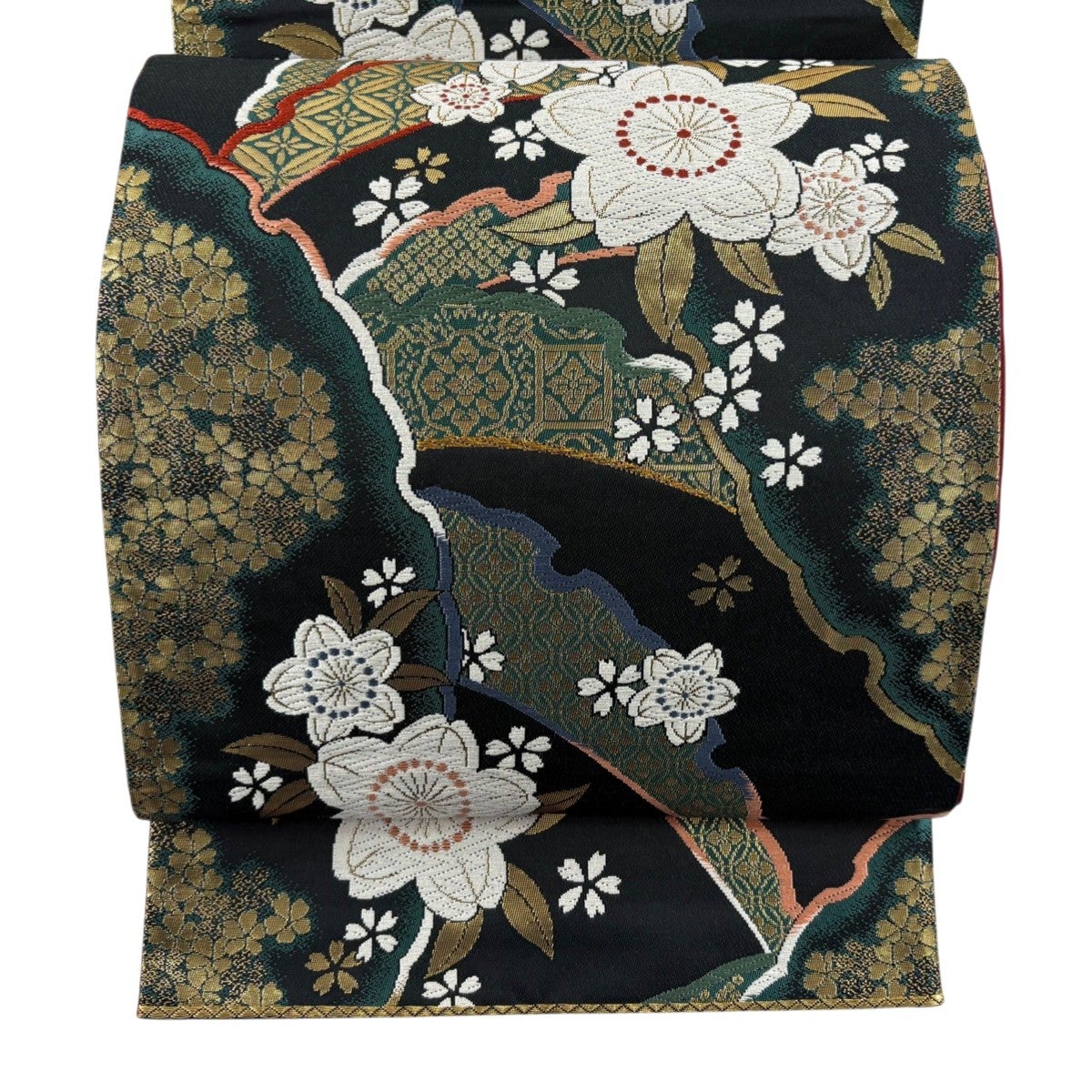 美品】 袋帯 名品 斉藤三才 落款あり 雪芝 麻の葉 金糸 黒 全通 正絹
