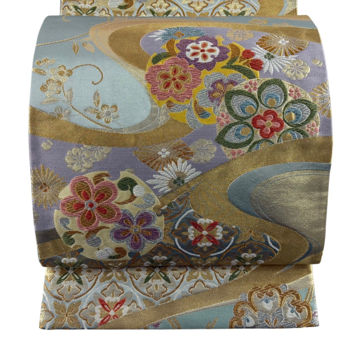 美品】 袋帯 秀品 若松 桜 金銀糸 箔 青灰色 六通 正絹｜中古・古着