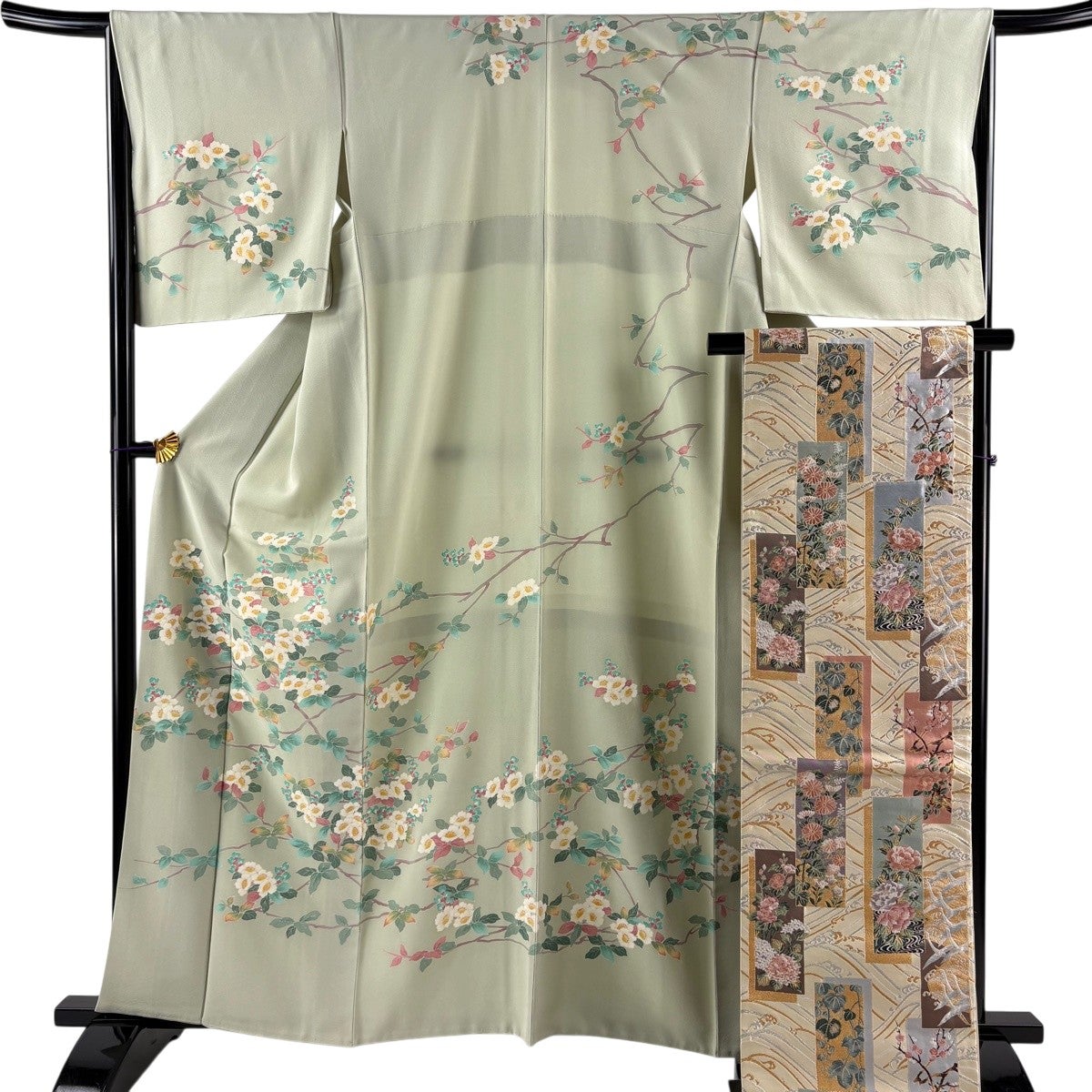 訪問着 身丈159.5cm 裄丈66cm M 袷 袋帯セット 枝花 草花 金彩 ぼかし