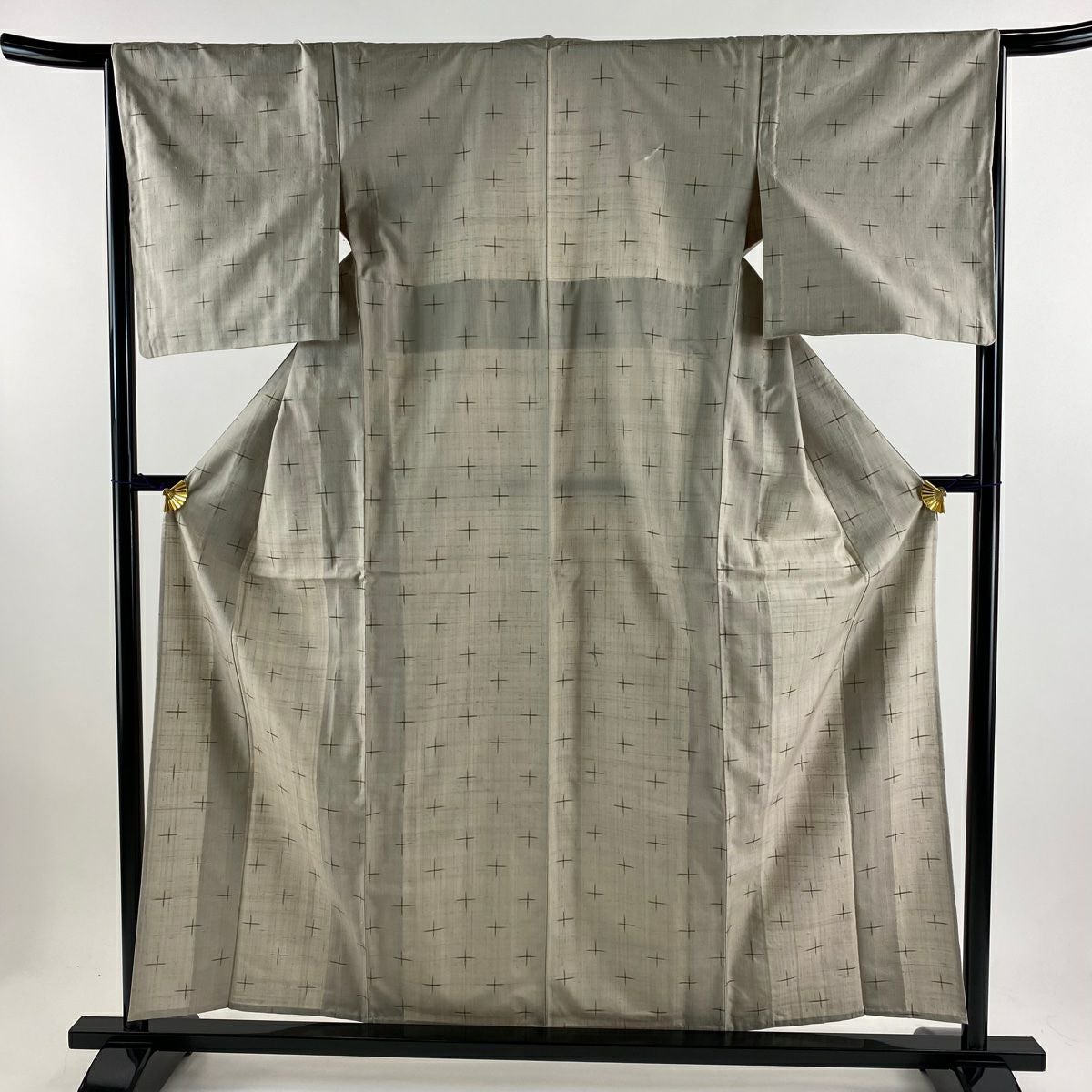 紬 身丈160cm 裄丈64.5cm M 単衣 赤城紬 十字絣 ベージュ 正絹 美品
