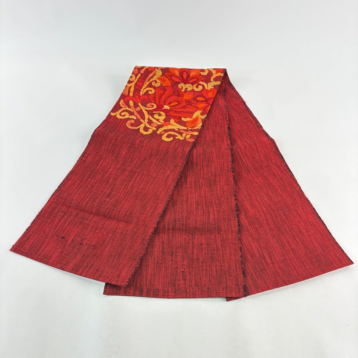 美品】 名古屋帯 優品 八寸名古屋帯 紬地 関西仕立て 草花 赤 正絹