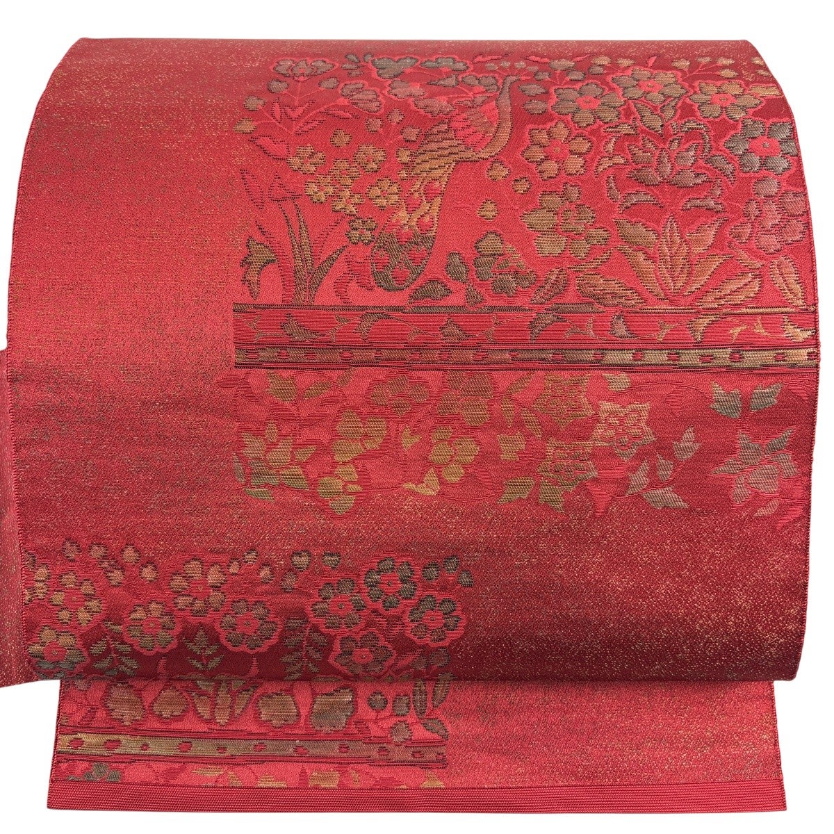 美品】 名古屋帯 優品 松葉仕立て 八寸名古屋帯 紬地 花唐草 金糸
