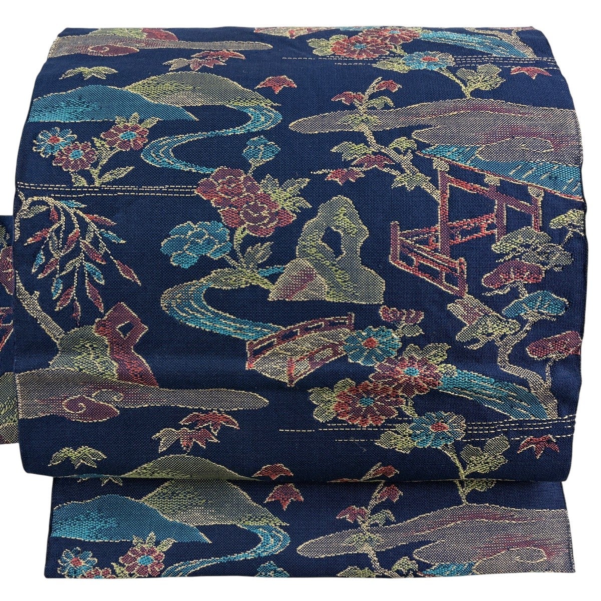 名古屋帯 優品 草花 山並み 金糸 紺色 正絹｜中古・古着・リサイクル