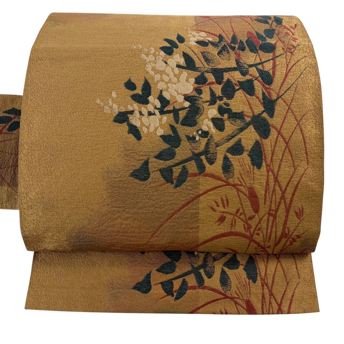 美品】 名古屋帯 優品 松葉仕立て 八寸名古屋帯 紬地 花唐草 金糸