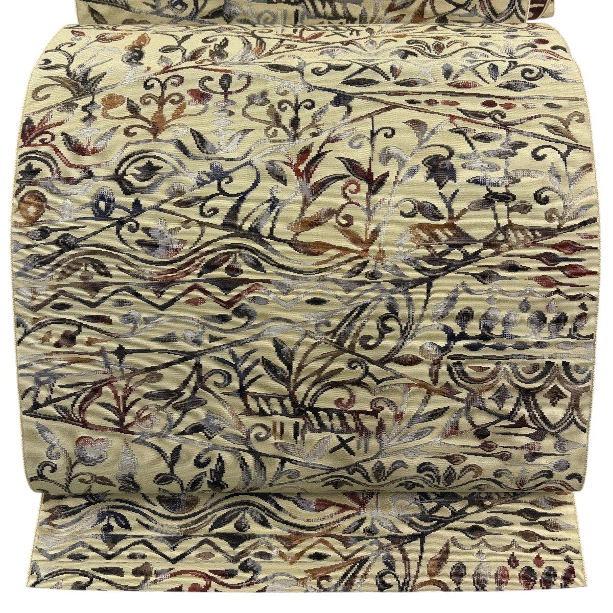 美品】 名古屋帯 優品 松葉仕立て 八寸名古屋帯 紬地 花唐草 金糸